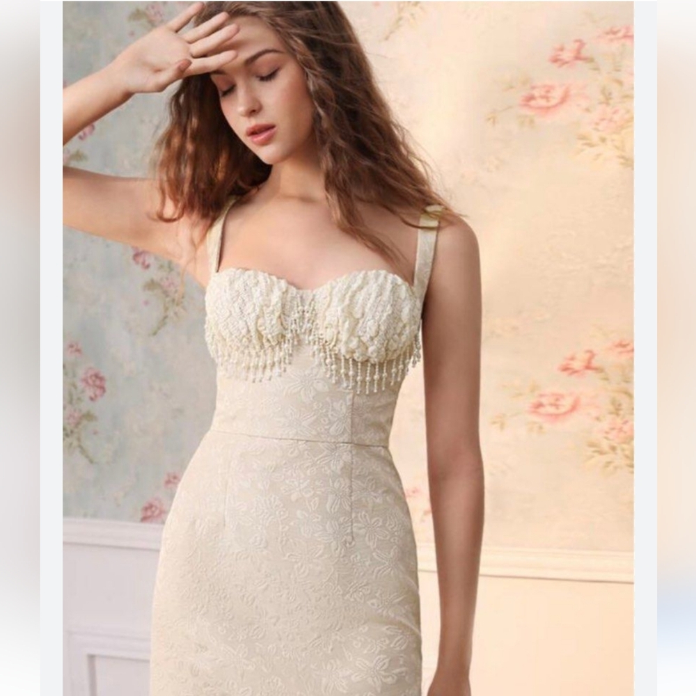 SHEIN Cream Pearl Bustier Jacquard Dress | Size Lg